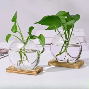 vase en verre avec support bois